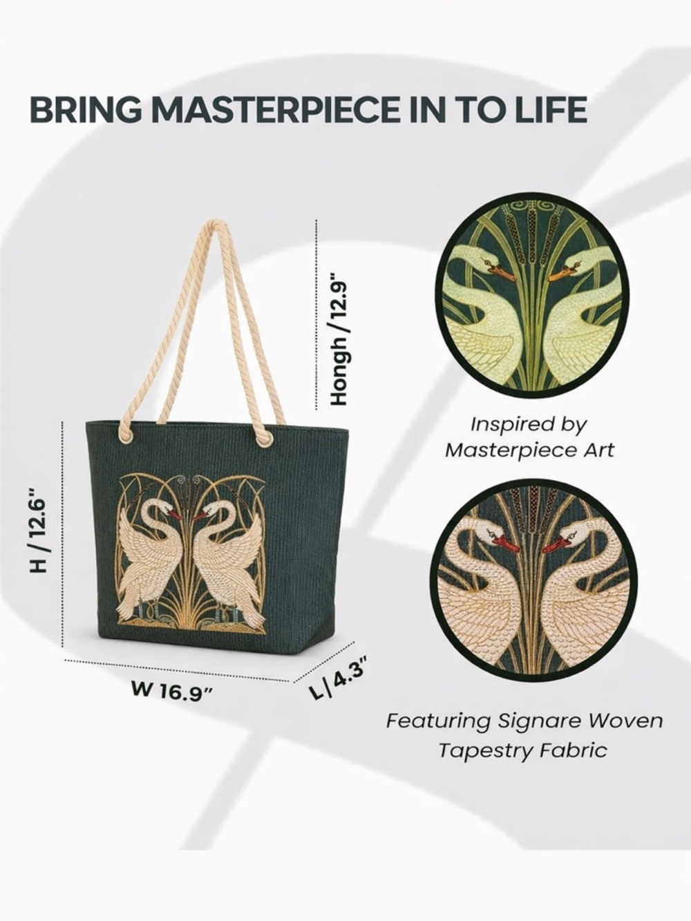 Swan Tapestry Tote Bag - Green - Picture 5 of 7